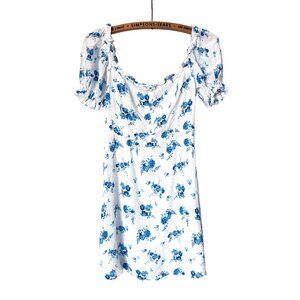 Zara Floral Mini Dress White Blue Small Short Sleeve Spring Summer